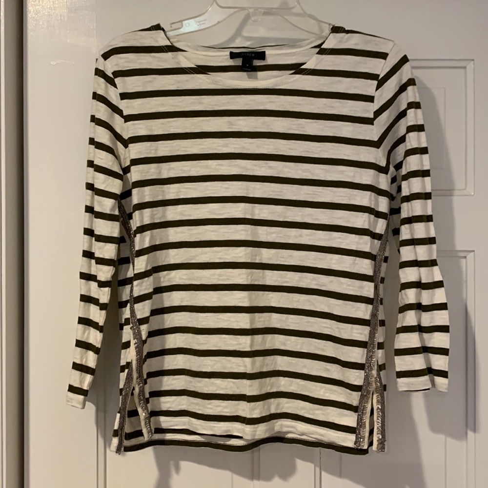 J.Crew Olive Green Stripped Sequin Detail 3/4 Sleeve Shirt
